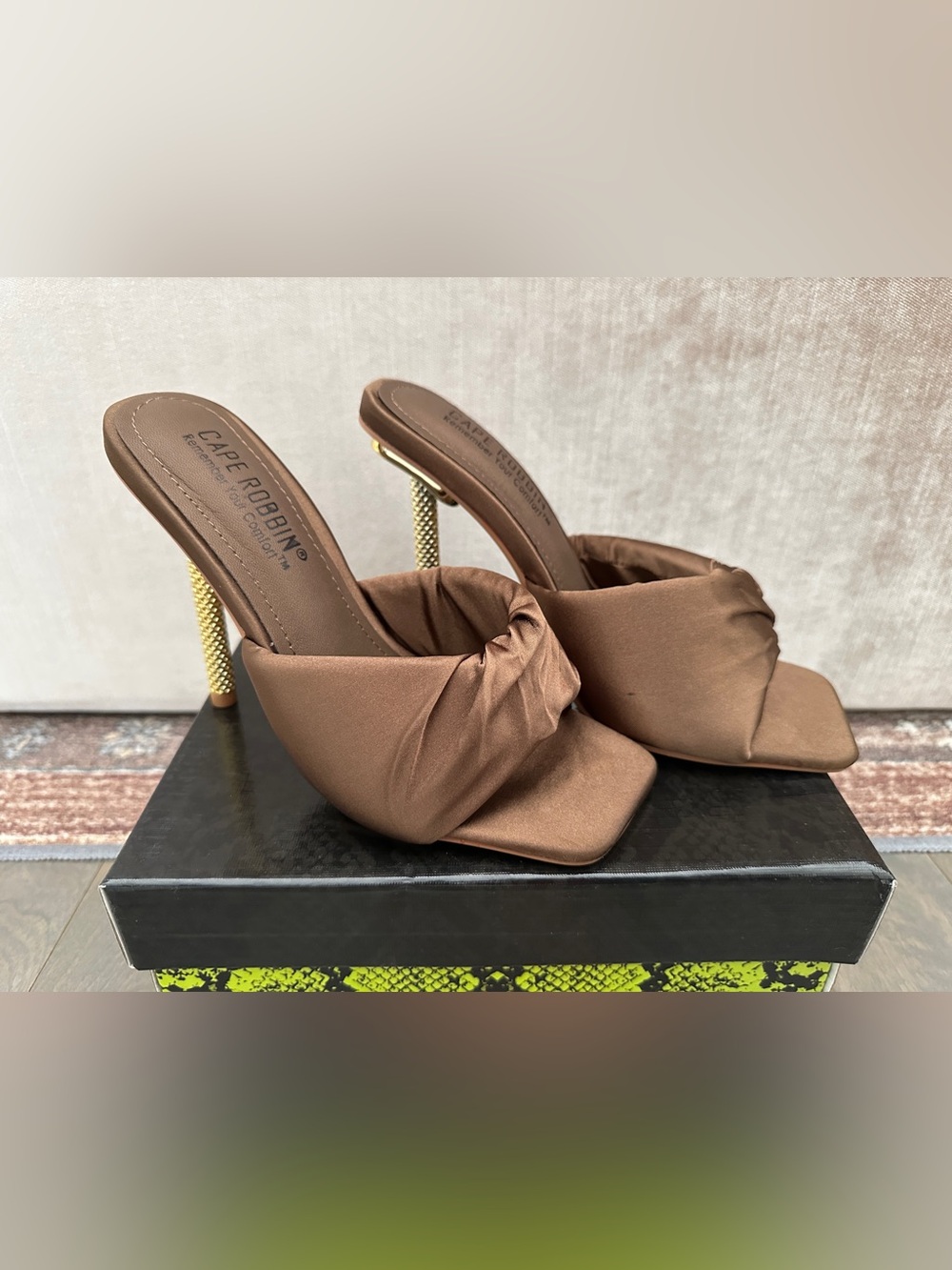 Cape Robbin Brown Satin Knot Mule Heels with Gold Stiletto